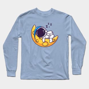 Cute Astronaut Sleeping On Moon Wearing Beanie Hat  Cartoon Long Sleeve T-Shirt